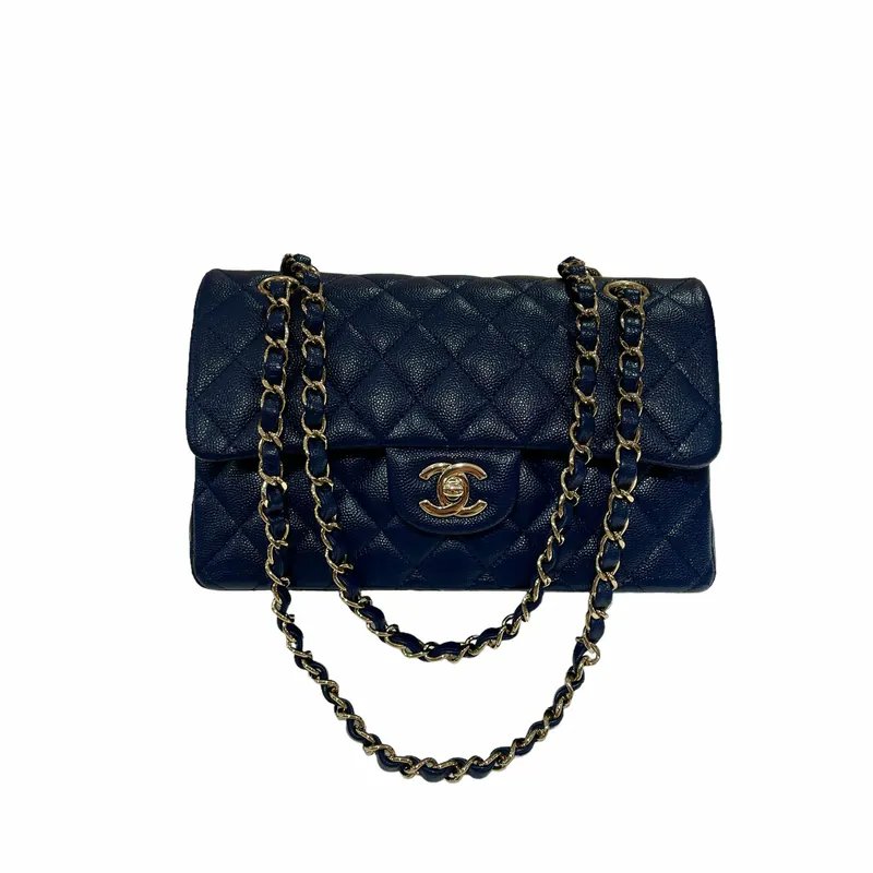  CHANEL CF23 A01113 black blue lychee leather light gold buckle Classic Flap Bag  F23 BRAND NEW