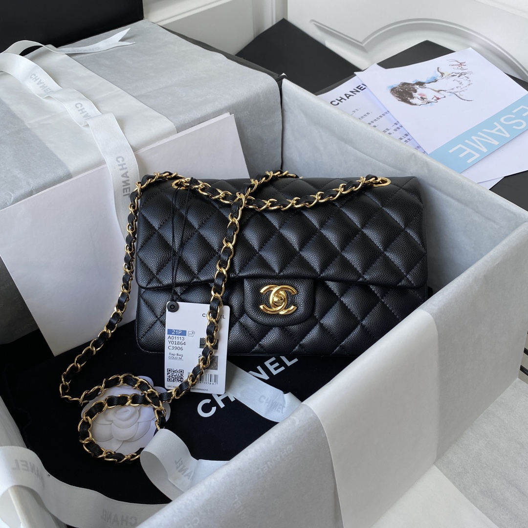  CHANEL CF23 A01113 black blue lychee leather light gold buckle Classic Flap Bag  F23 BRAND NEW