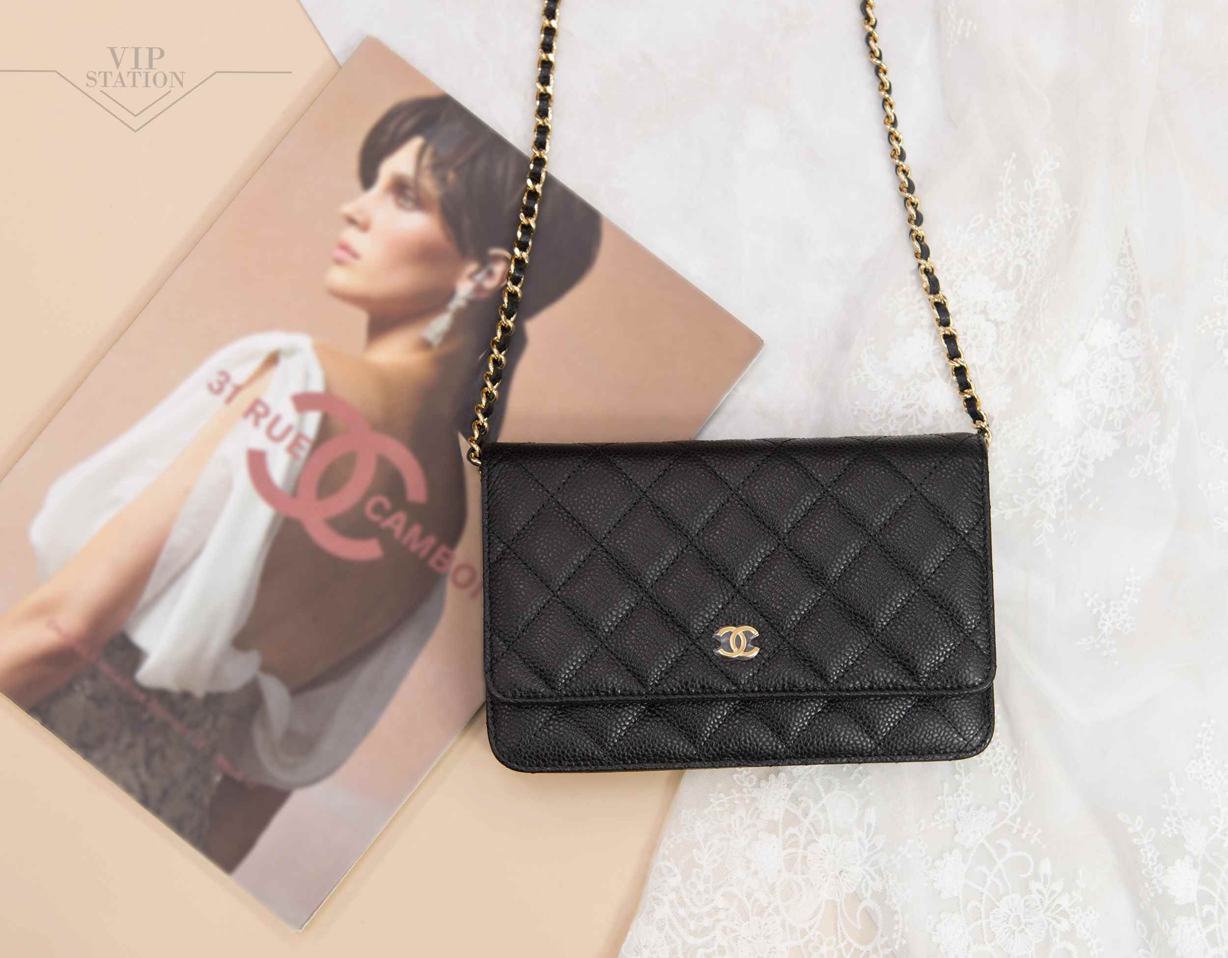 Chanel Matelasse Chain Wallet Shoulder Caviar Skin Black Ap0250 A Pochette 0608