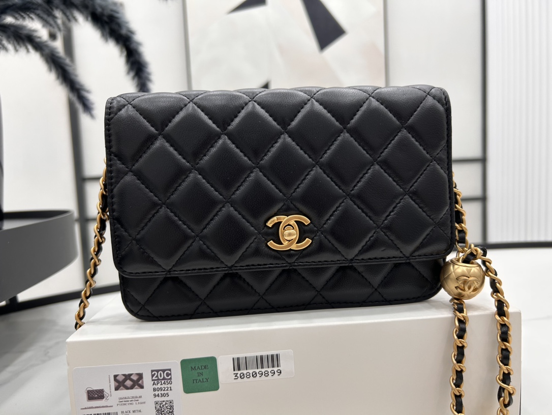 Chanel black ball light gray chain wallet AP1450