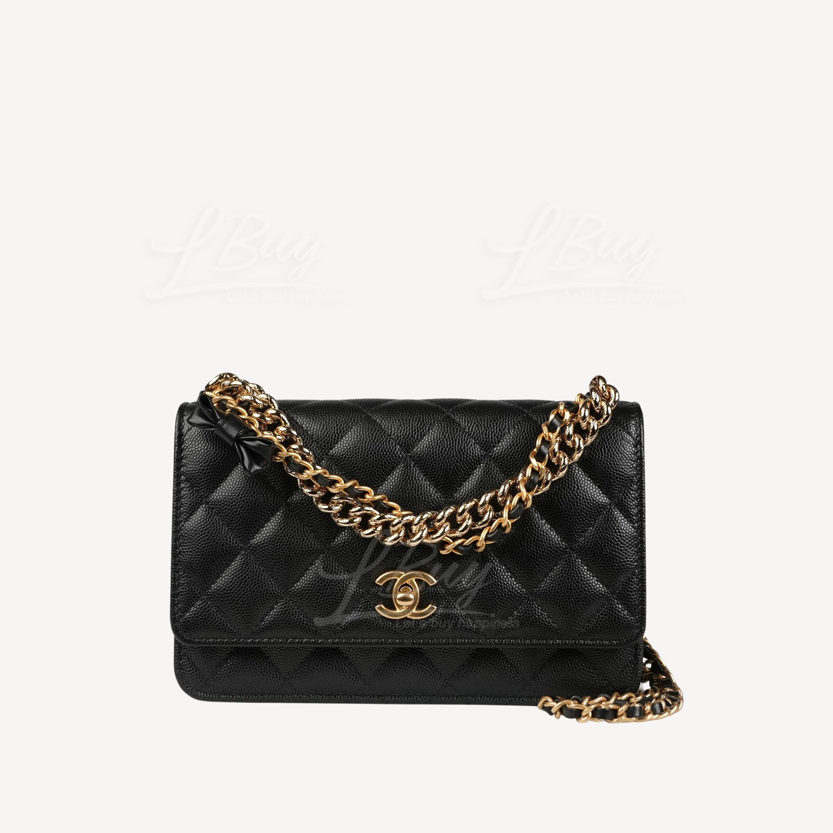 Chanel Gold CC Logo Black Grained Calfskin Gold Chain with Bow Chain Bag WOC AP3910