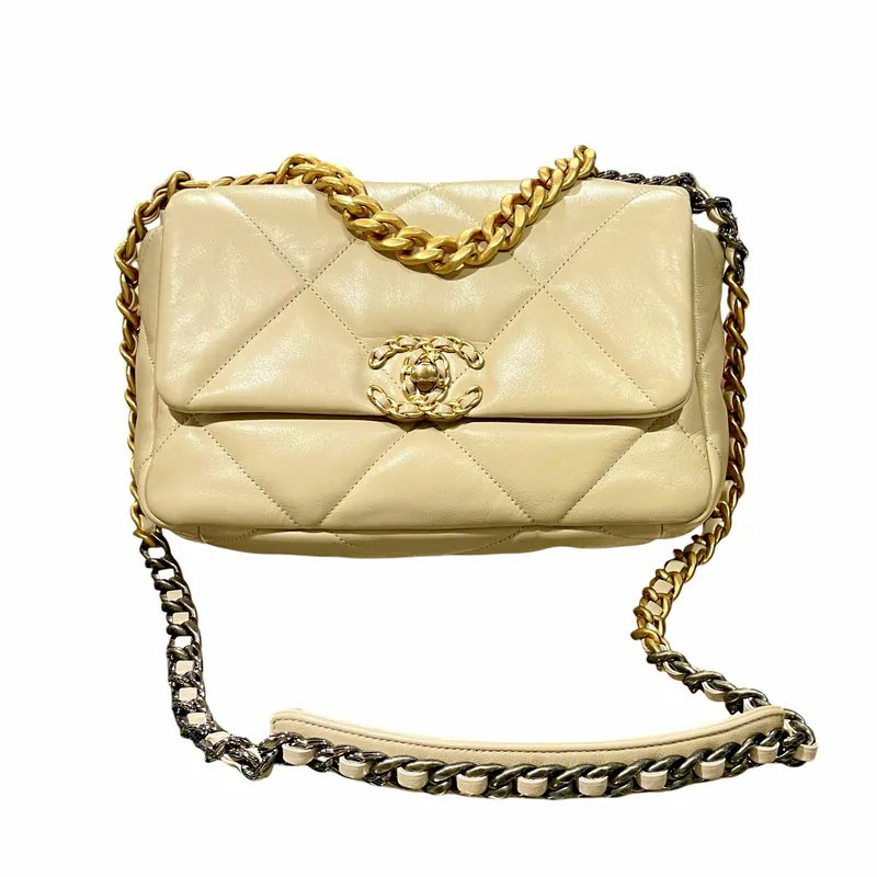 CHANEL 19 AS1160 off-white sheepskin gold buckle small size