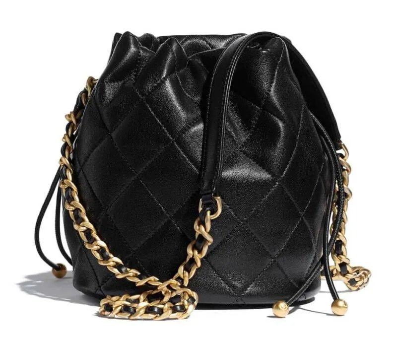 CHANEL AS2390 bucket bag black glossy lambskin gold buckle Drawstring Bag