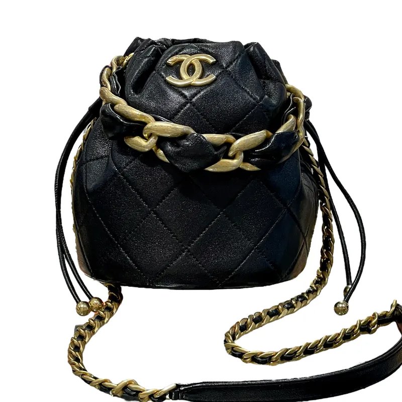 CHANEL AS2390 bucket bag black glossy lambskin gold buckle Drawstring Bag