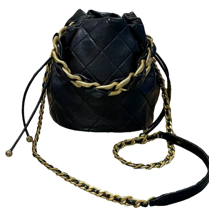 CHANEL AS2390 bucket bag black glossy lambskin gold buckle Drawstring Bag