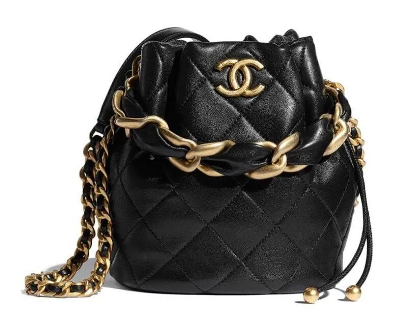 CHANEL AS2390 bucket bag black glossy lambskin gold buckle Drawstring Bag