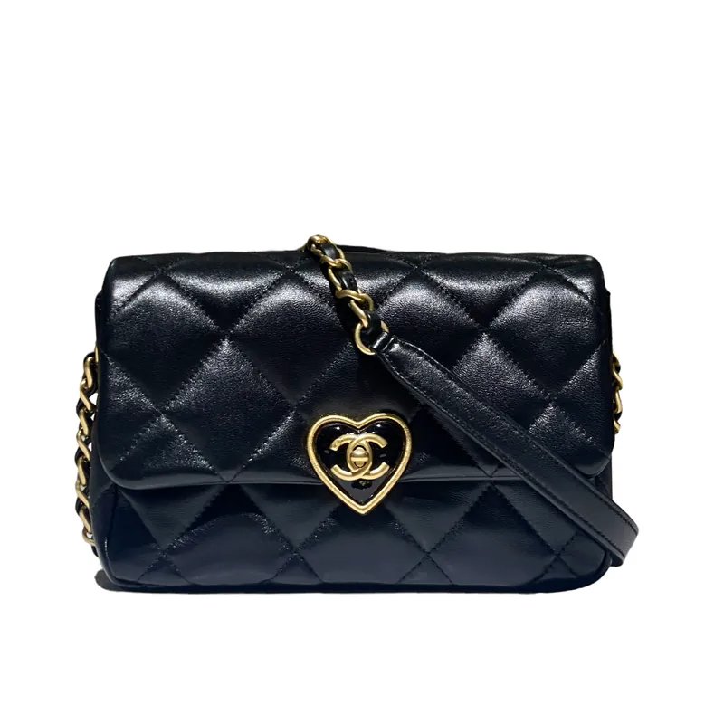 CHANEL As4064 Black lambskin love lock gold buckle Flap Bag