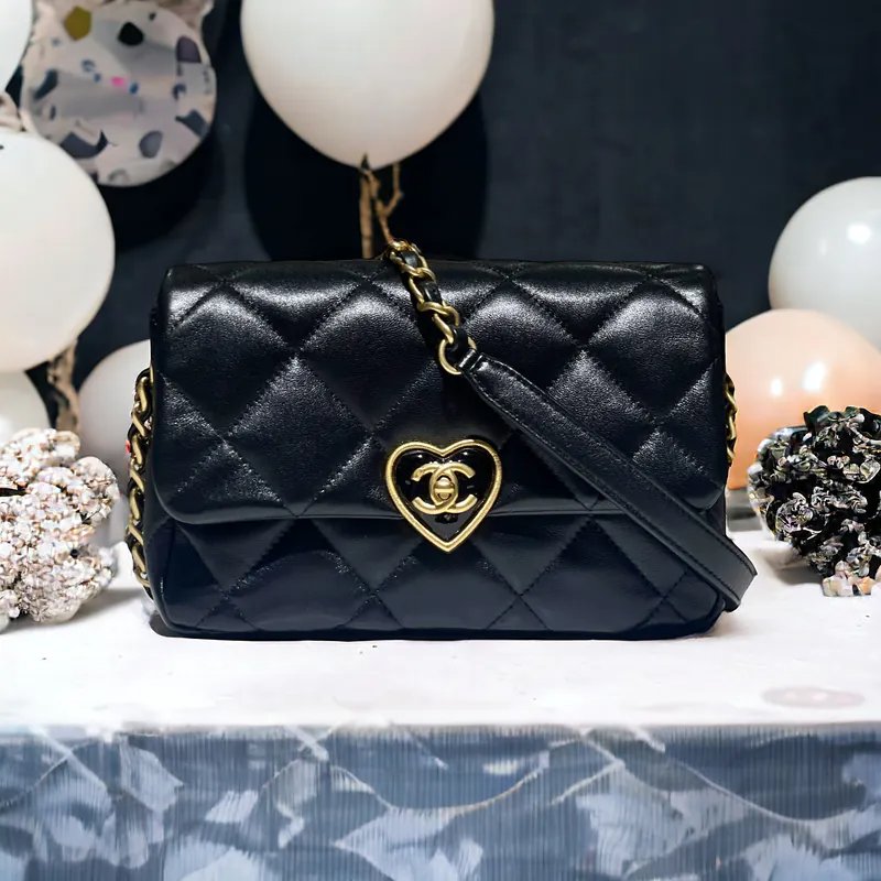 CHANEL As4064 Black lambskin love lock gold buckle Flap Bag