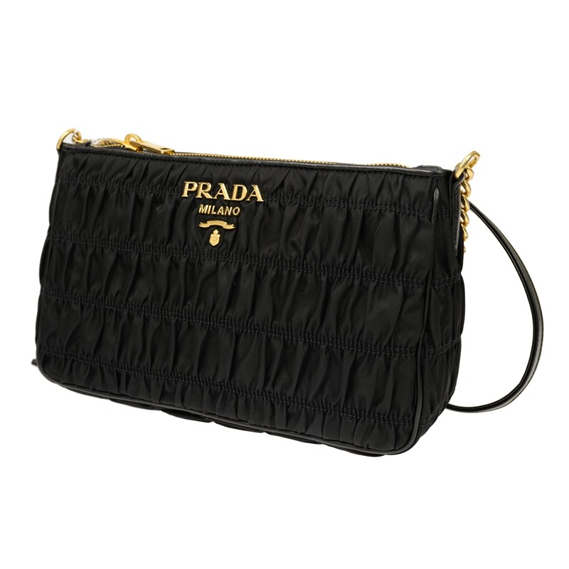 Prada Shoulder Bag 1Bh152 Black Nylon Leather Crossbody Pochette Gathered Gold M